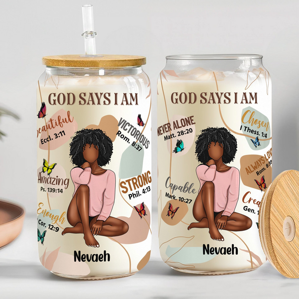 God Says I Am - Personalized Clear Glass Cup - Gift for Christian Girl, Daughter, Women, Bestie, Girlfriend, Best Friend | Black History