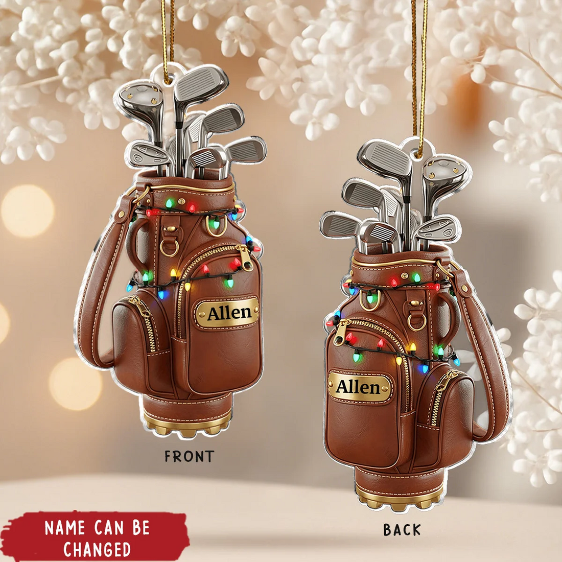 Golf bag with Christmas lights acrylic ornament with custom name, alternate view 2