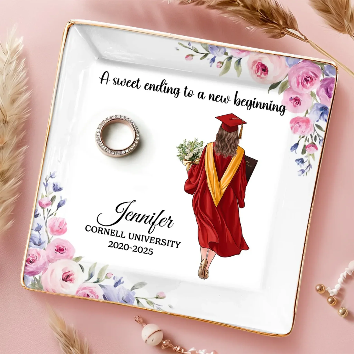 Graduate With Pride, Step Into The Future - Personalized Jewelry Dish - Graduation Motivation Gift For Her, Daughter, Sister, Friend, Grad Ceremony, Commencement