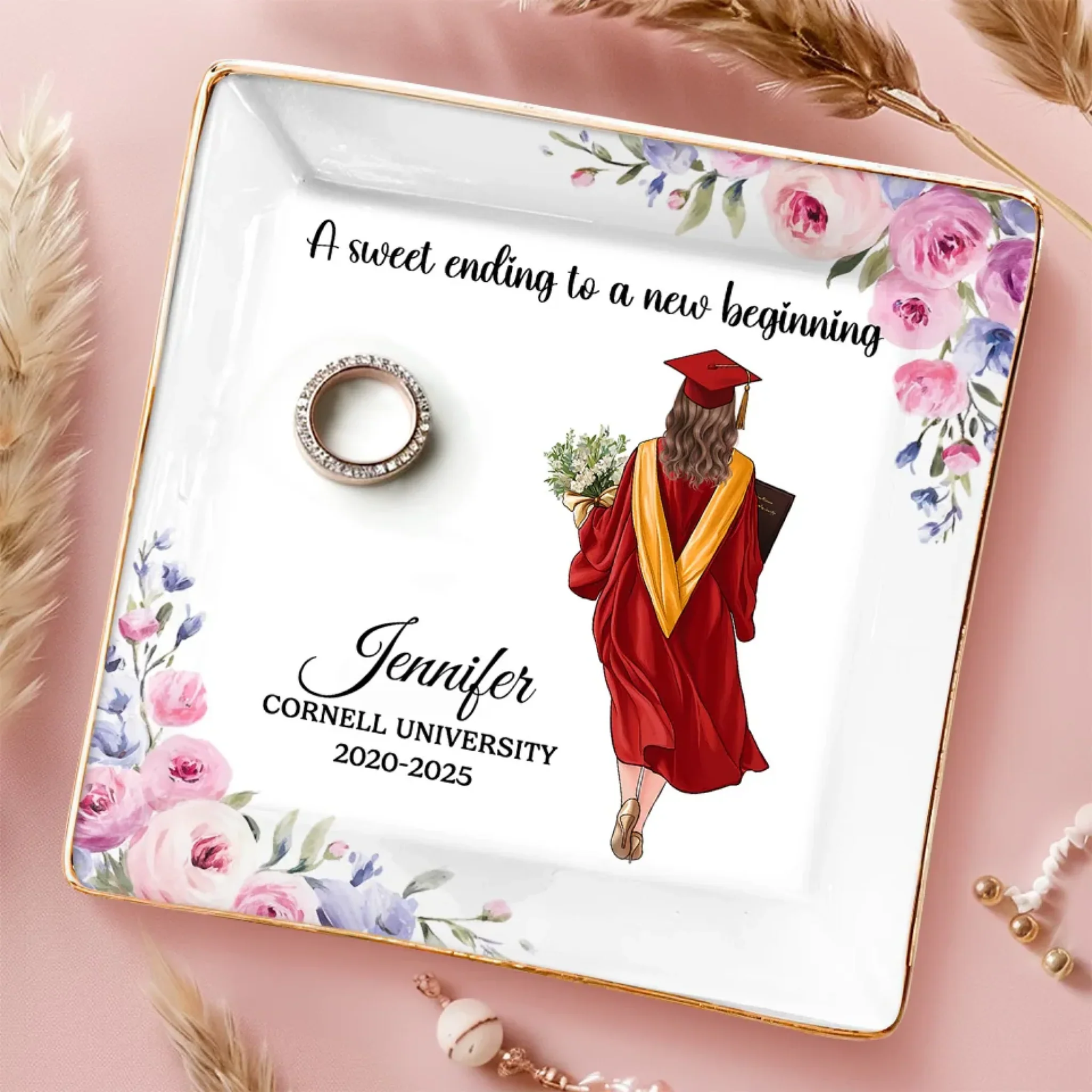 Graduate With Pride, Step Into The Future - Personalized Jewelry Dish - Graduation Motivation Gift For Her, Daughter, Sister, Friend, Grad Ceremony, Commencement