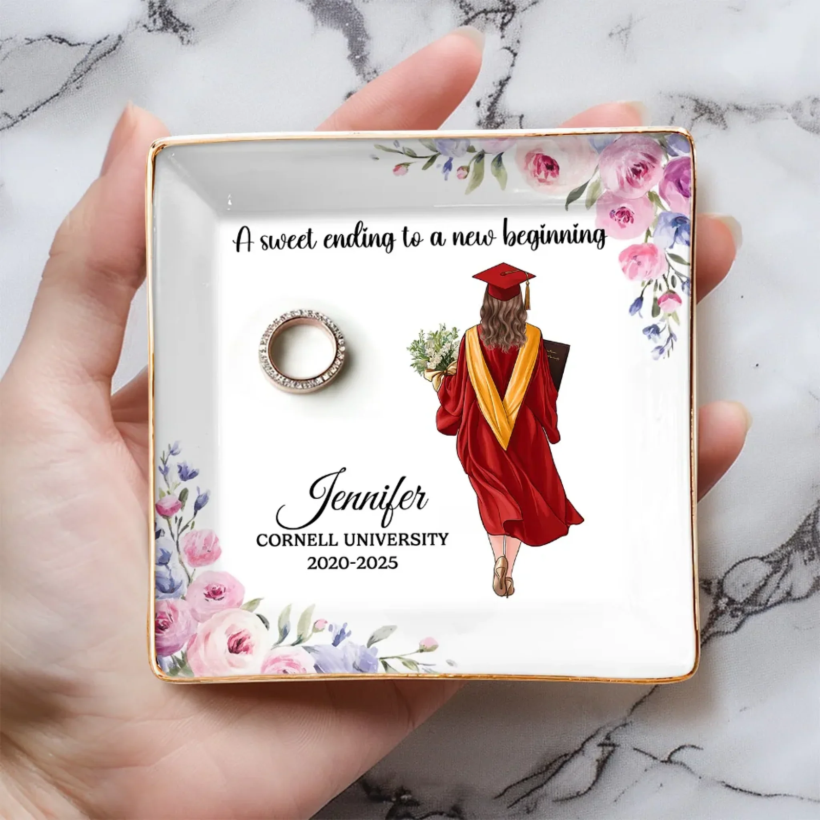 Graduate With Pride, Step Into The Future - Personalized Jewelry Dish - Graduation Motivation Gift For Her, Daughter, Sister, Friend, Grad Ceremony, Commencement