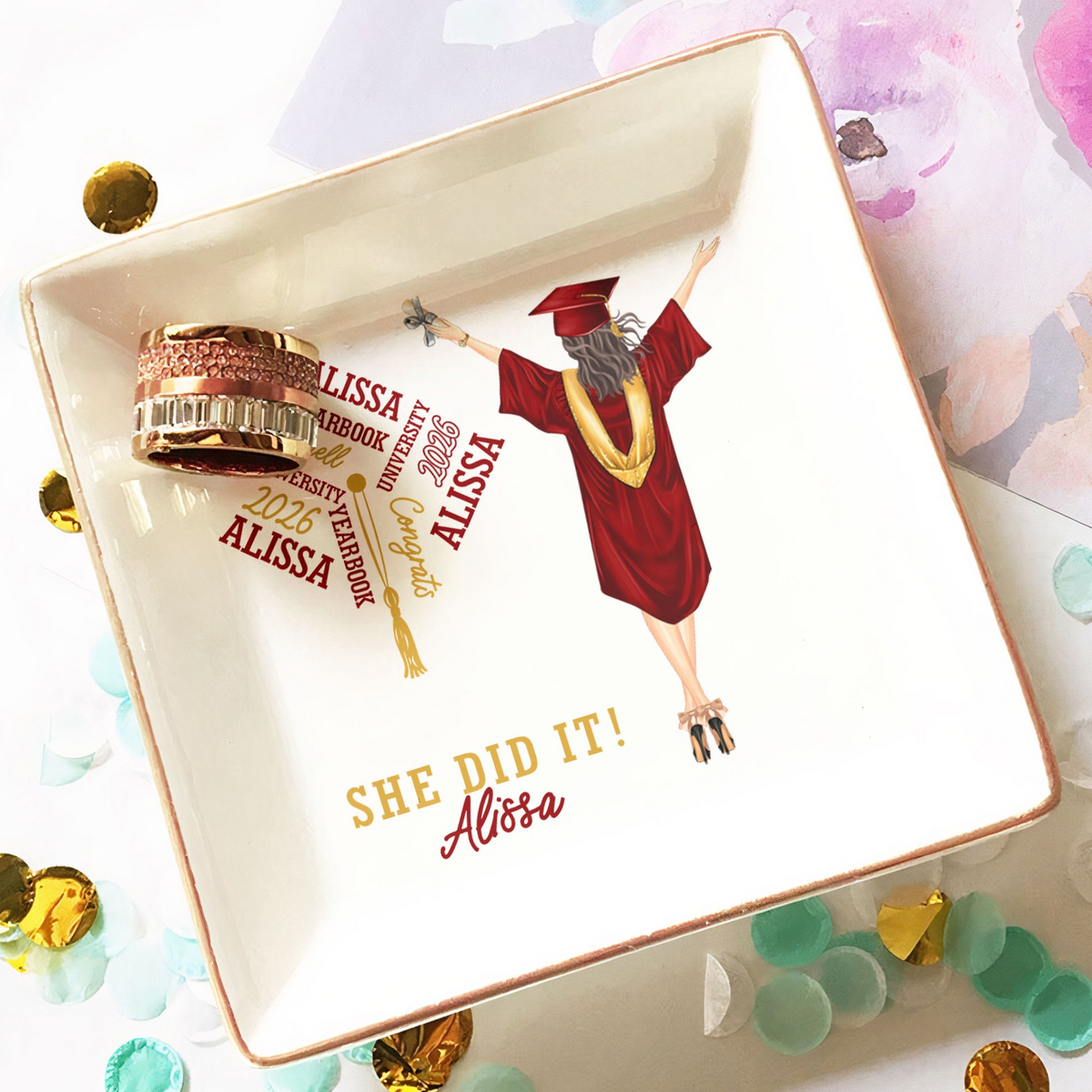 Graduation Gift She Did It - Personalized Jewelry Dish - Graduation Motivation Gift For Her/Him, Daughter/Son, Grad Ceremony, Commencement