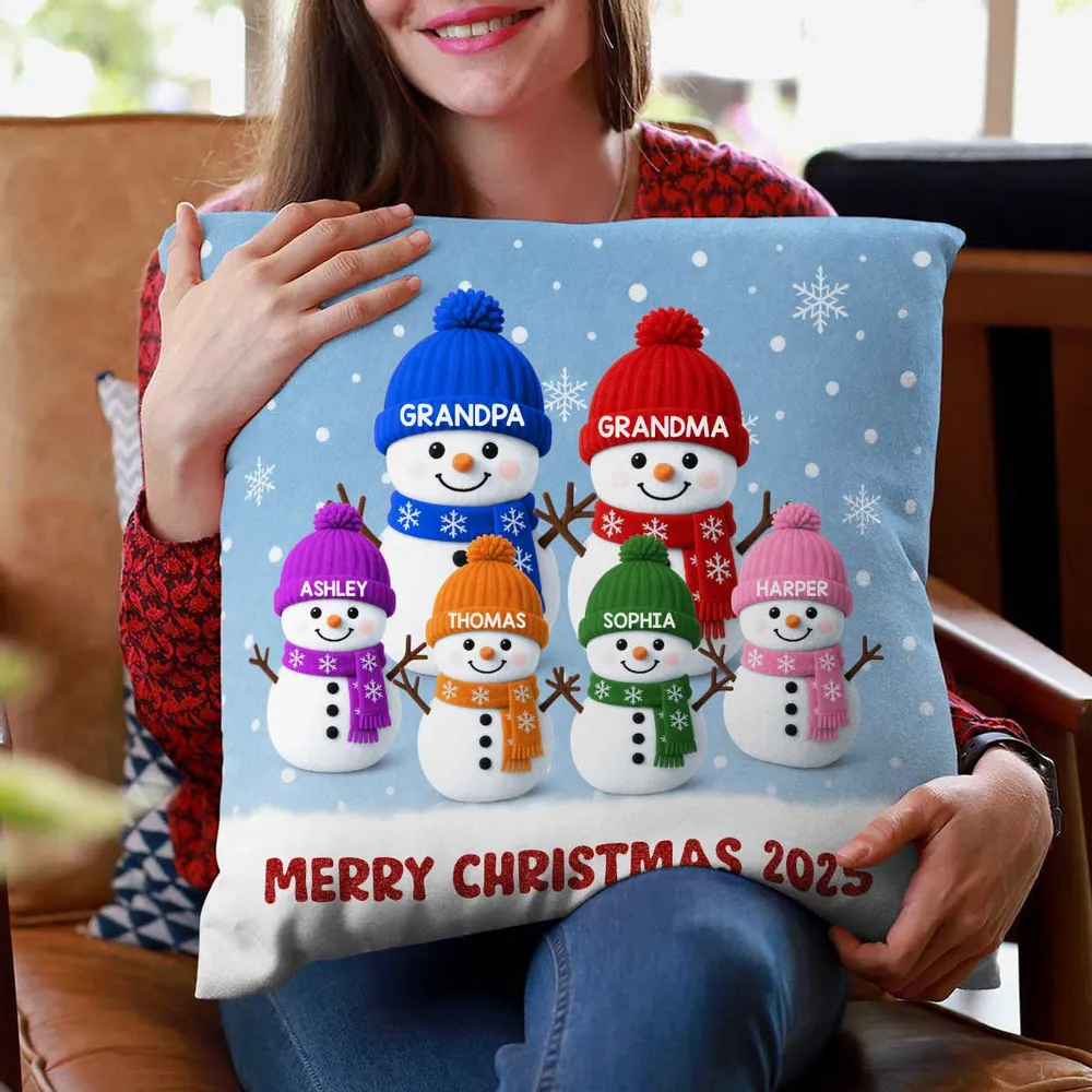 Christmas Grandma Grandkids Snowman 3D Effect - Personalized Custom Pillow - Christmas Gift for Grandma, Grandpa