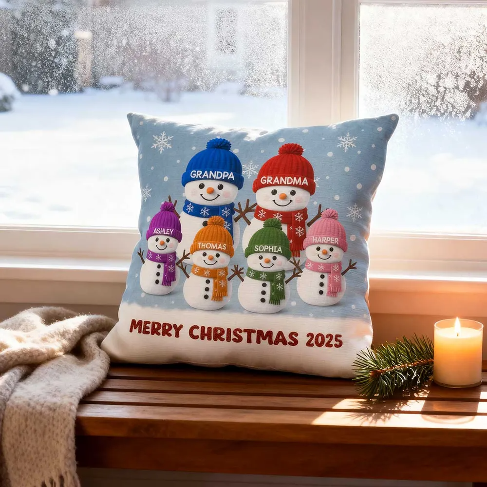 Christmas Grandma Grandkids Snowman 3D Effect - Personalized Custom Pillow - Christmas Gift for Grandma, Grandpa