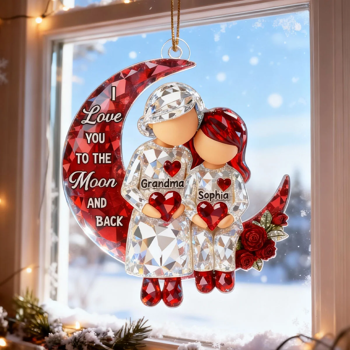 3D Crystal Effect Grandma Grandpa Grandkid Sitting on Moon - Personalized Custom Shaped Acrylic Ornament - Christmas Gift for Grandma, Grandpa, Grandkids