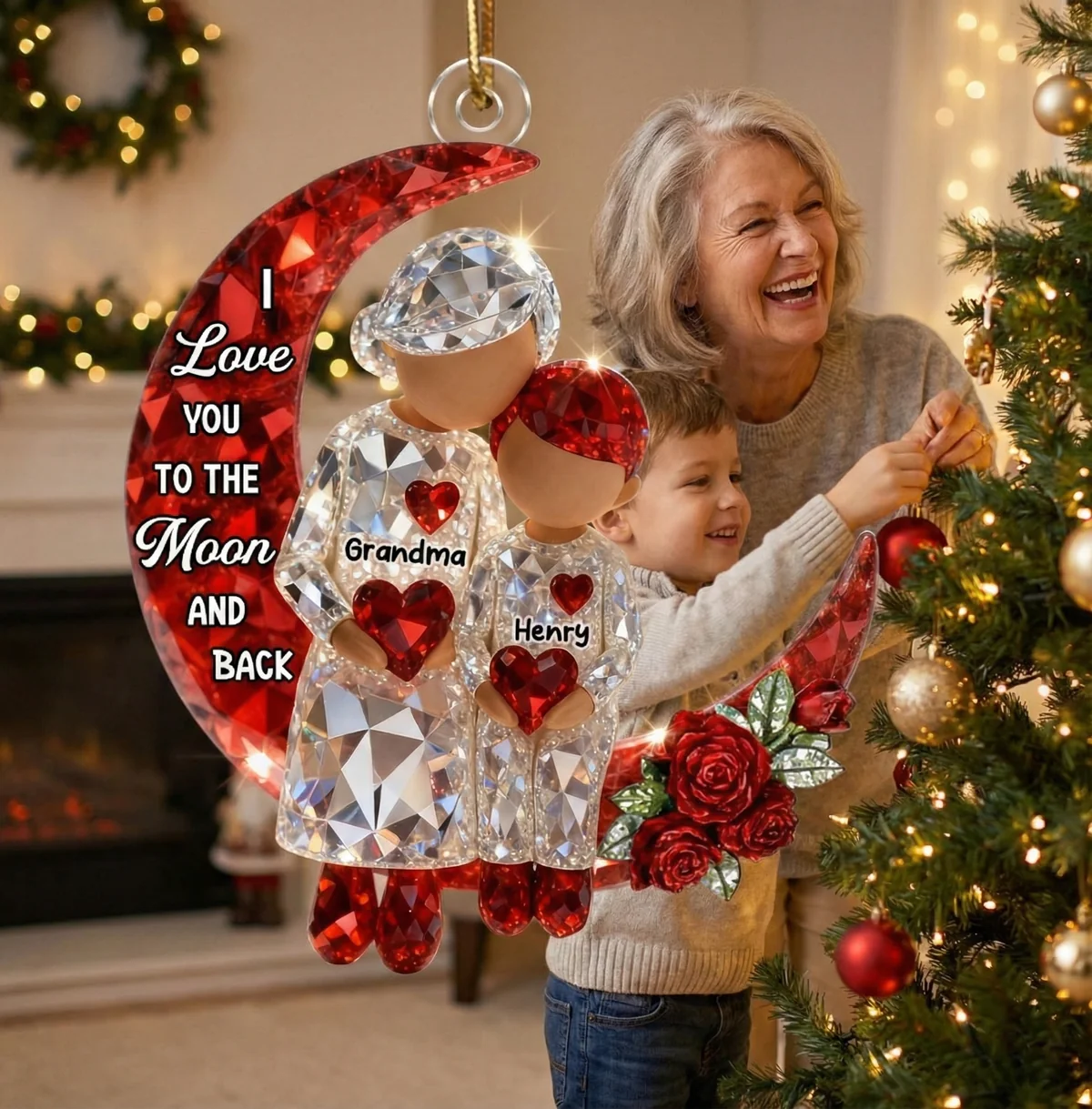 3D Crystal Effect Grandma Grandpa Grandkid Sitting on Moon - Personalized Custom Shaped Acrylic Ornament - Christmas Gift for Grandma, Grandpa, Grandkids
