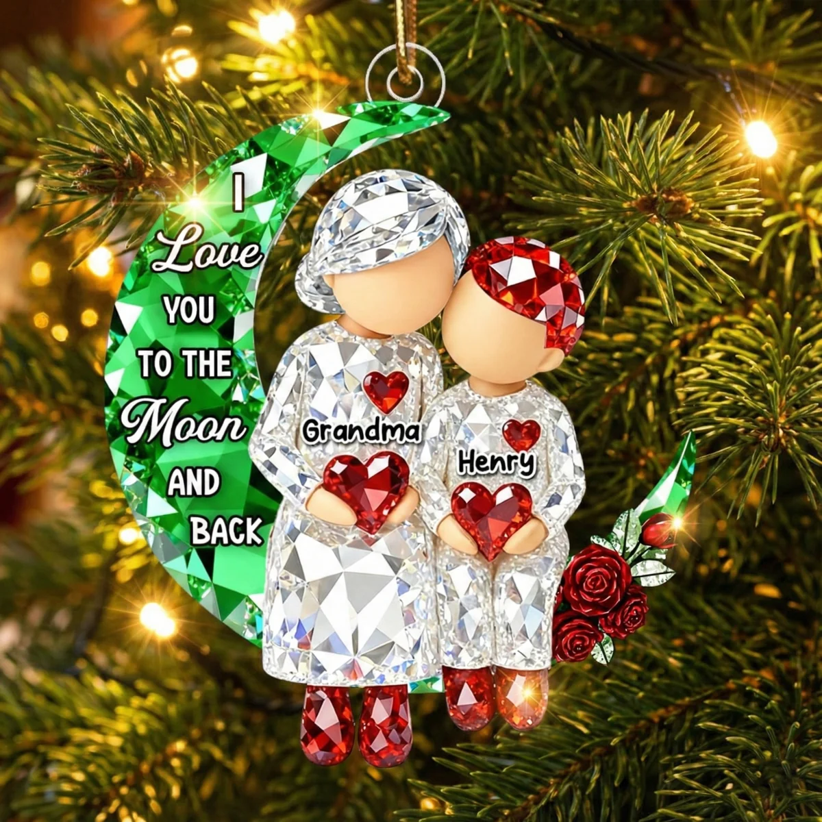 3D Crystal Effect Grandma Grandpa Grandkid Sitting on Moon - Personalized Custom Shaped Acrylic Ornament - Christmas Gift for Grandma, Grandpa, Grandkids