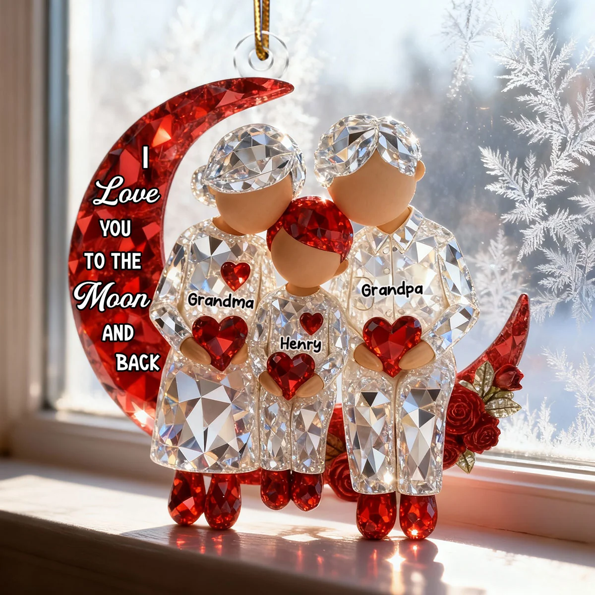 3D Crystal Effect Grandma Grandpa Grandkid Sitting on Moon - Personalized Custom Shaped Acrylic Ornament - Christmas Gift for Grandma, Grandpa, Grandkids