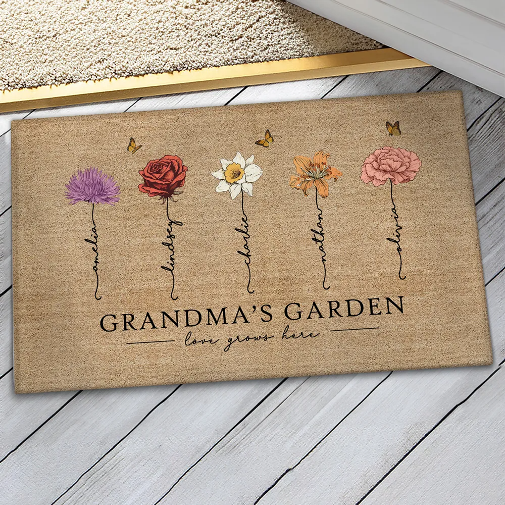 Grandma‘s Garden Love Grows Here Vintage Birth Flower - Personalized Doormat - Gift For Grandma, Mom