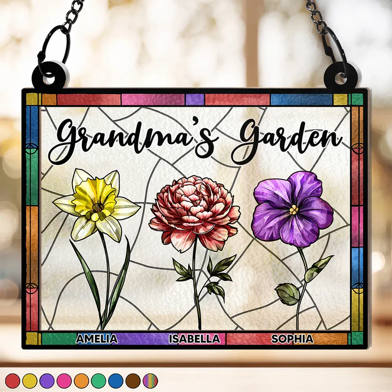 Grandma's Garden Full Of Colors Birth Flower Grandkids - Personalized Window Hanging Suncatcher Ornament - Gift For Mom, Mama, Mommy, Grandma