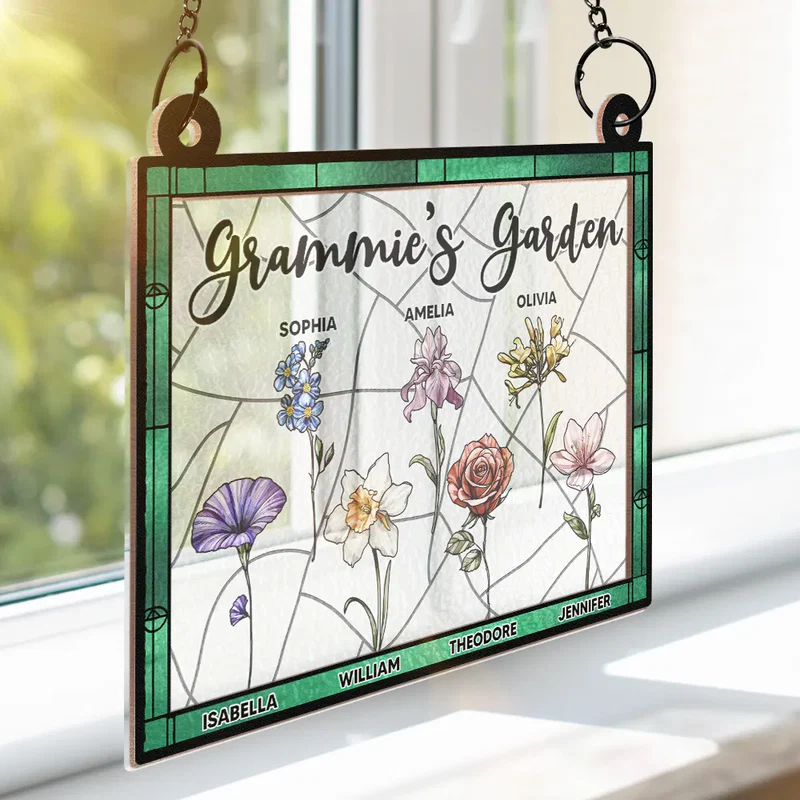 Grandma's Garden Full Of Colors Birth Flower Grandkids - Personalized Window Hanging Suncatcher Ornament - Gift For Mom, Mama, Mommy, Grandma