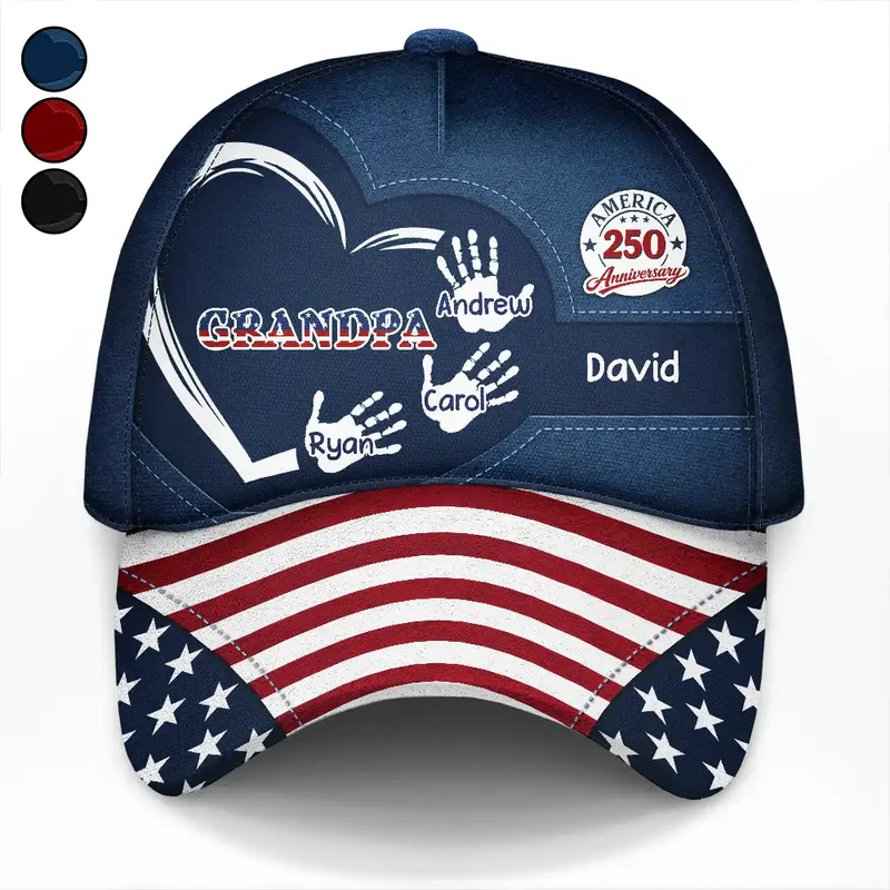 America 250th Anniversary Grandpa Dad Kids Handprints - Personalized Classic Cap - Gift For Dad, Papa, Grandpa