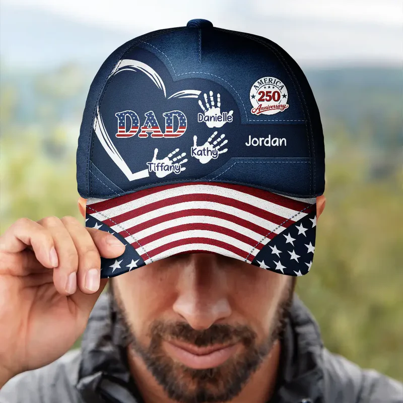 America 250th Anniversary Grandpa Dad Kids Handprints - Personalized Classic Cap - Gift For Dad, Papa, Grandpa