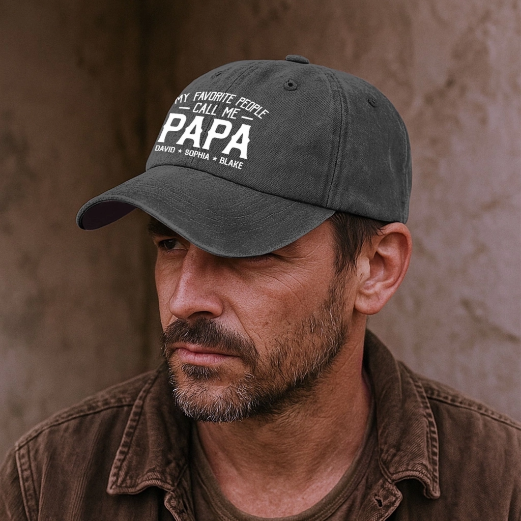 My Favorite People Call Me Papa - Personalized Custom Vintage Washed Denim Cap - Gift for Dad, Papa, or Grandpa 3