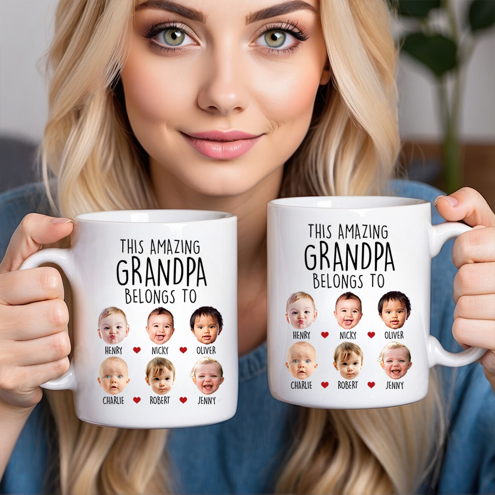 Custom Grandpa Mug with Grandkids' Faces: Personalized "Belongs To" Photo Coffee Cup (Up to 8 Kids) - Meaningful Father's Day or Birthday Gift