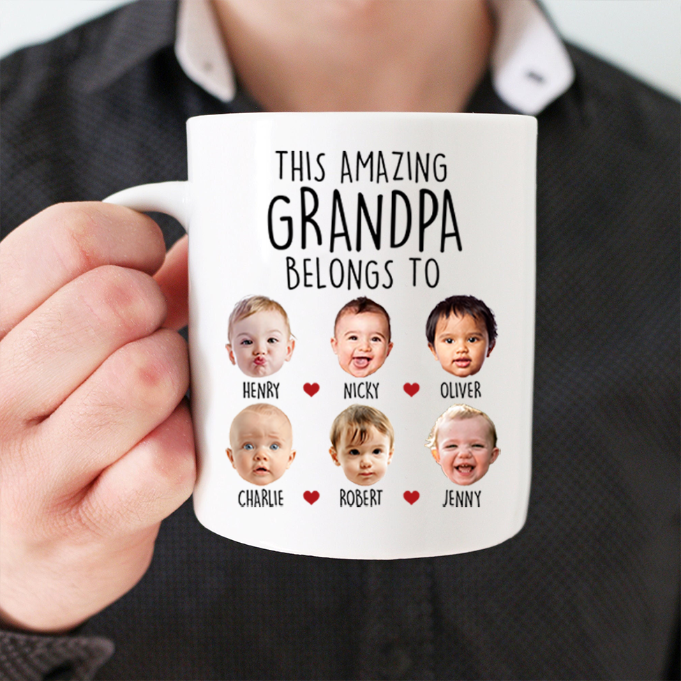 Custom Grandpa Mug with Grandkids' Faces: Personalized "Belongs To" Photo Coffee Cup (Up to 8 Kids) - Meaningful Father's Day or Birthday Gift