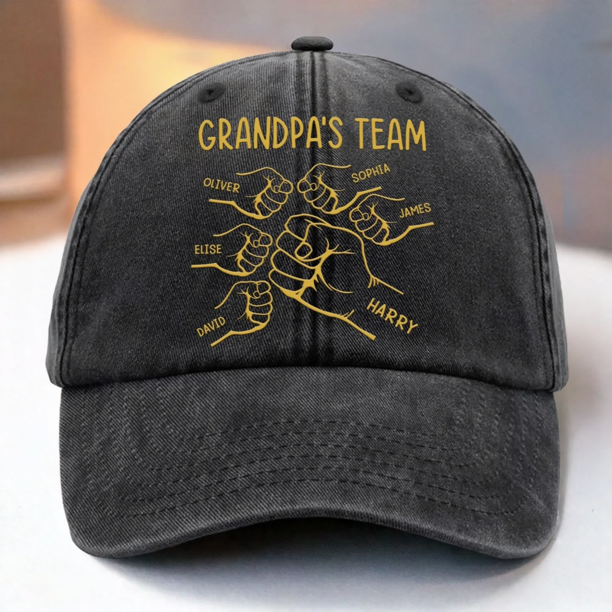 Grandpa's Team - Personalized Custom Vintage Washed Denim Cap - Father's Day Gift for Dad, Papa, or Grandpa