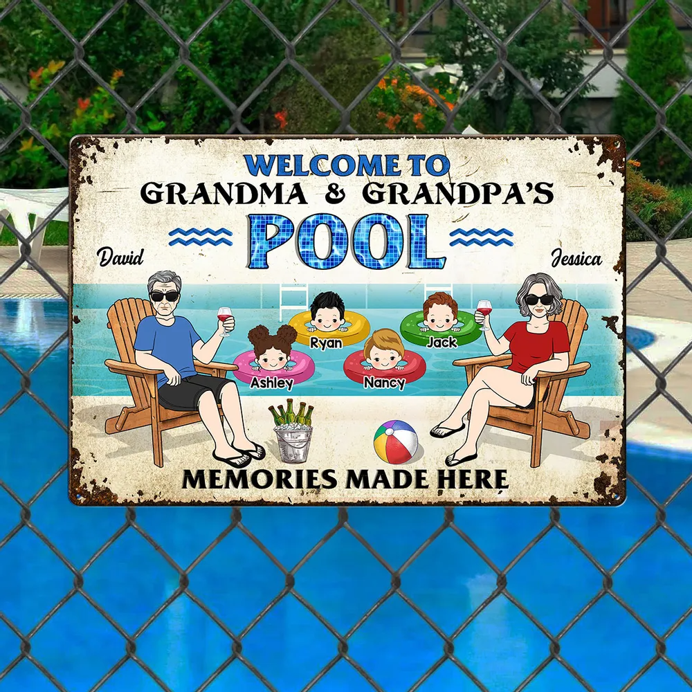Welcome To Grandparents Pool - Personalized Metal Sign - Gift For Dad, Mom, Grandpa, Grandma