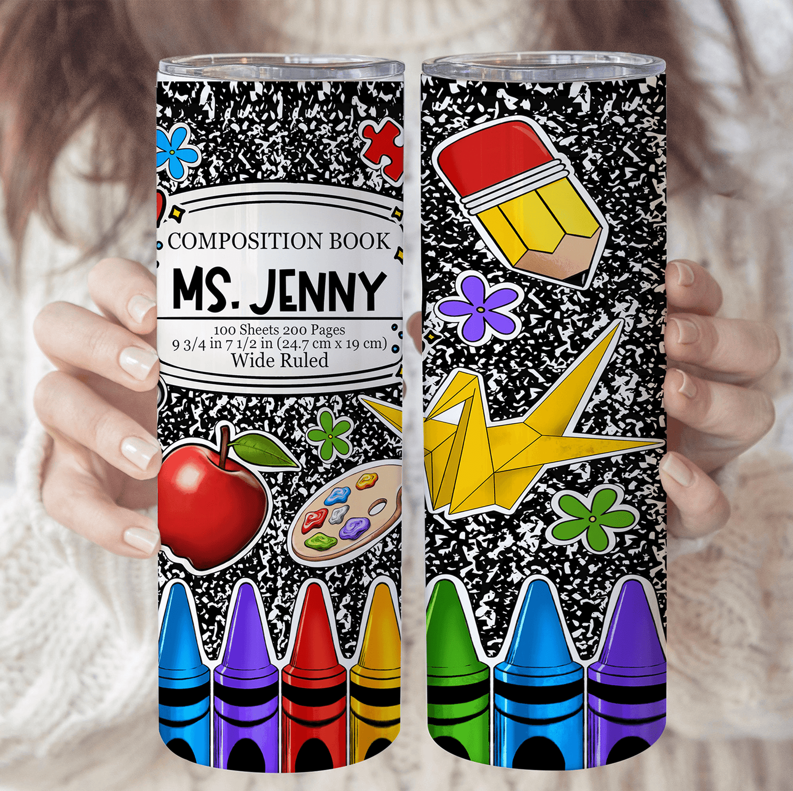 Composition Book Tumbler For Teachers - Personalized Custom 20oz Skinny Tumbler Cup - Back To School/ First Day Of School, Loving, Funny Gift for Teacher, Kindergarten, Preschool, Pre K, Paraprofessional - Suzitee Store