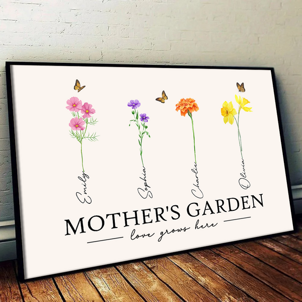 Mother's Garden Love Grows Here Watercolor Birth Month Flower - Personalized Poster/Canvas Prints - Gift For Grandma, Mom