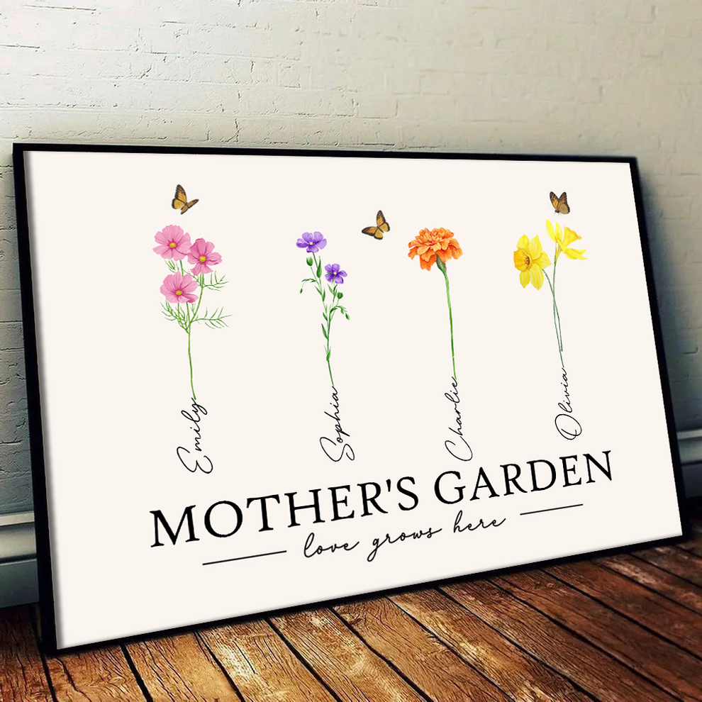 Mother's Garden Love Grows Here Watercolor Birth Month Flower - Personalized Poster/Canvas Prints - Gift For Grandma, Mom