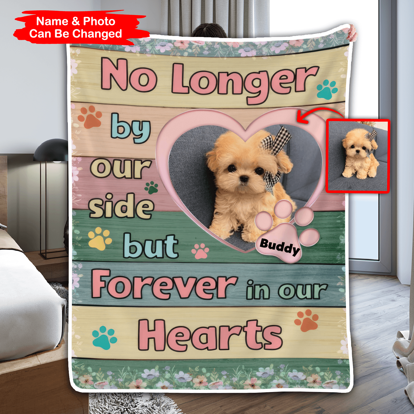 Custom Photo No Longer By Our Side But Forever In Our Hearts | Personalized Sympathy Gift for Pet Lovers, Dog Mom, Dog Dad, Cat Mom, Cat Dad | Blanket - Suzitee Store