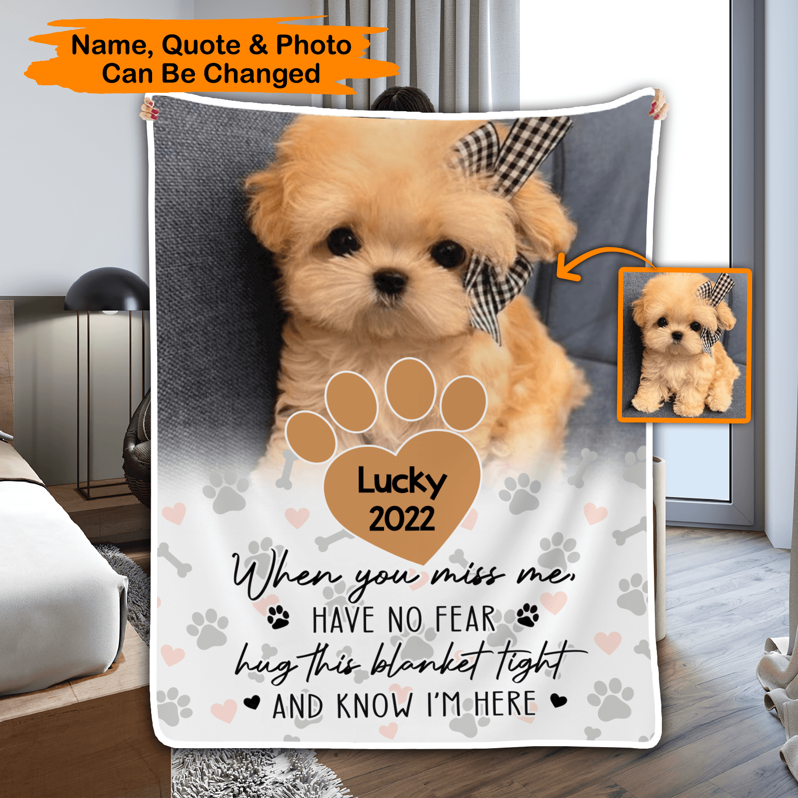Custom Photo Memorial Pet When You Miss Me, Hug This Blanket | Personalized Sympathy Gift for Pet Lovers, Dog Mom, Dog Dad, Cat Mom, Cat Dad | Blanket