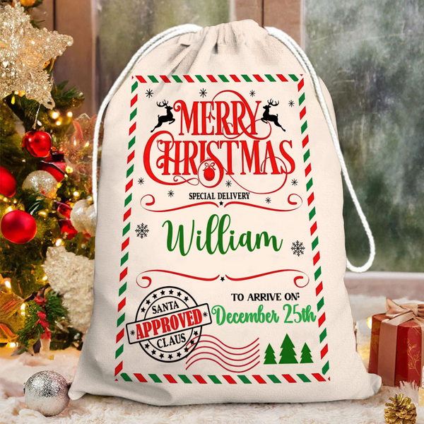 Custom Name Merry Christmas Santa Gift Bag - Personalized Santa Sack - Christmas Gift For Family, Kids, Grandkids