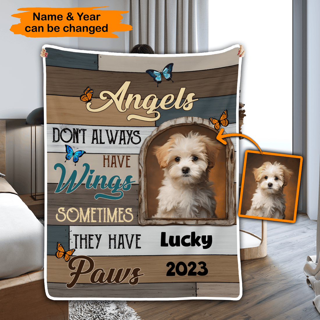 Custom Photo Memorial Angels Sometimes They Have Paws fleece blanket, held up in a bright room