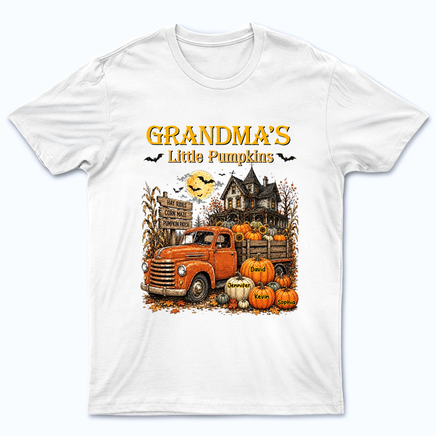 Retro Vintage Farmhouse Grandma's Little Pumpkins Truck - Personalized Custom T Shirt - Fall Season, Halloween Gift for Grandma/Nana/Mimi, Mom, Wife