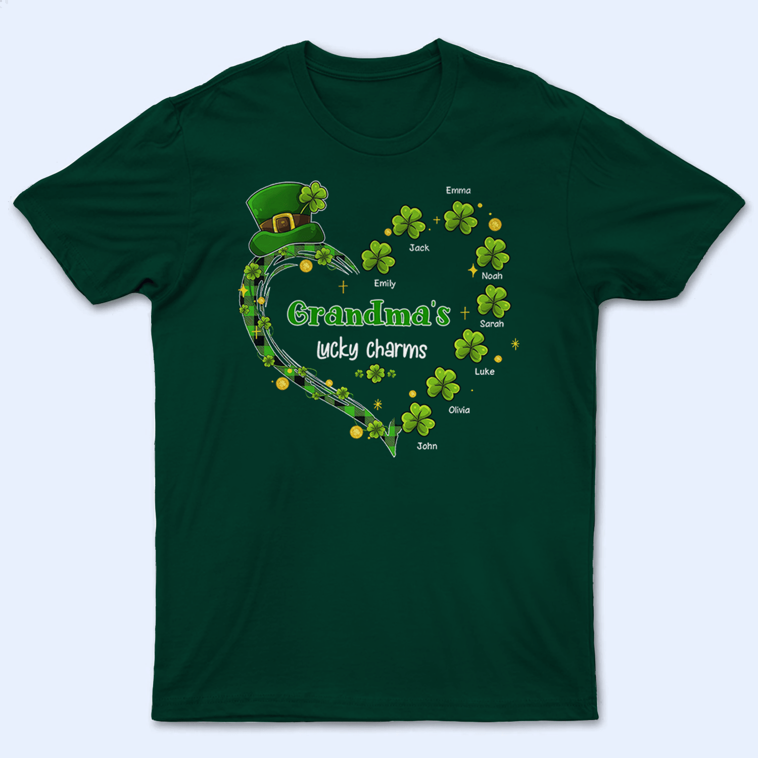 Grandma's Lucky Charms Shamrock St. Patrick's Day - Personalized Custom T Shirt - St. Patrick's Day, Birthday, Loving, Funny Gift for Grandma/Nana/Mimi, Mom, Wife, Grandparent