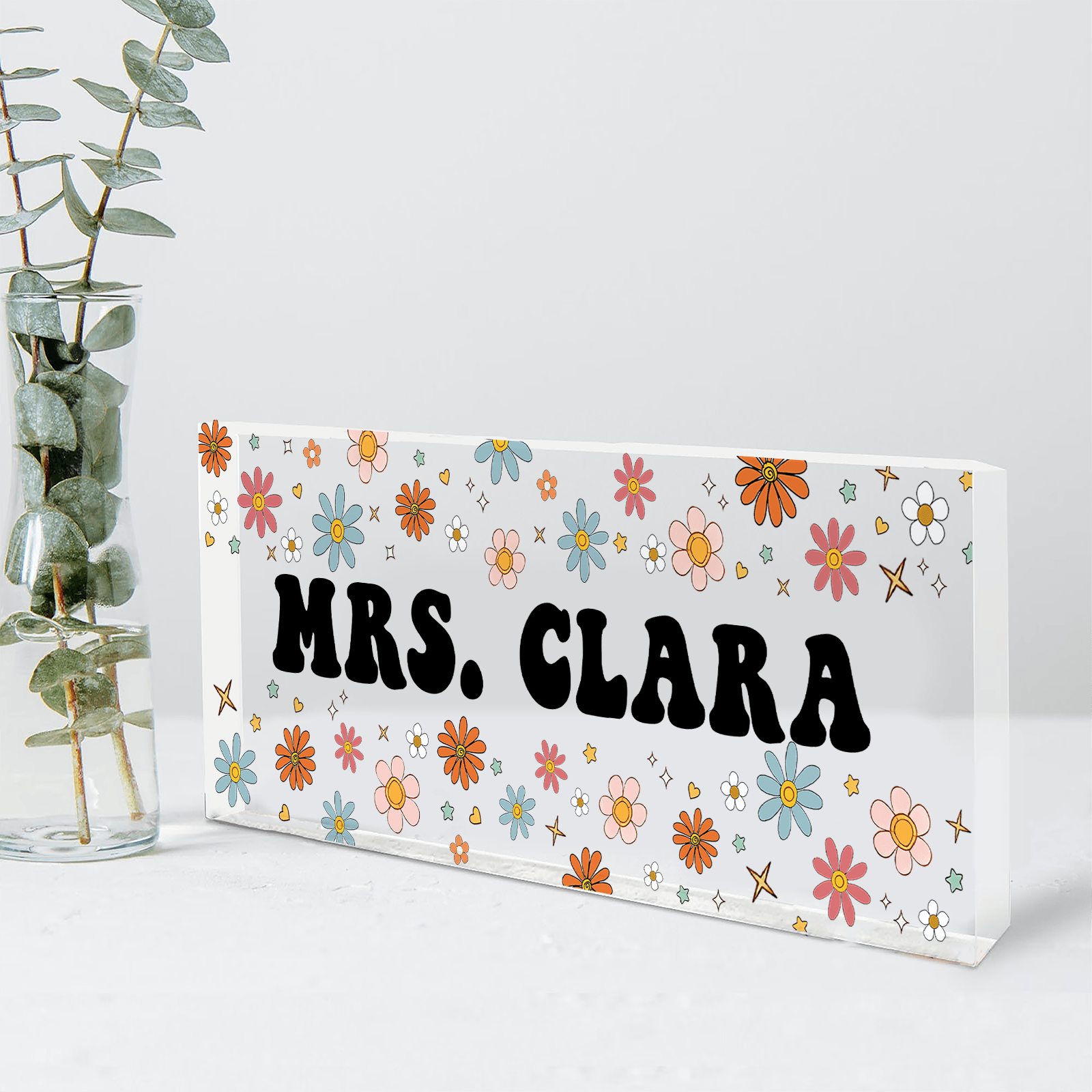 Flower Teacher Name - Personalized Custom Desk Name Plate, Name Sign, Acrylic Plaque - Back To School/First Day Of School, Birthday, Loving, Funny Gift for Teacher, Kindergarten, Preschool, Pre K, Paraprofessional - Suzitee Store