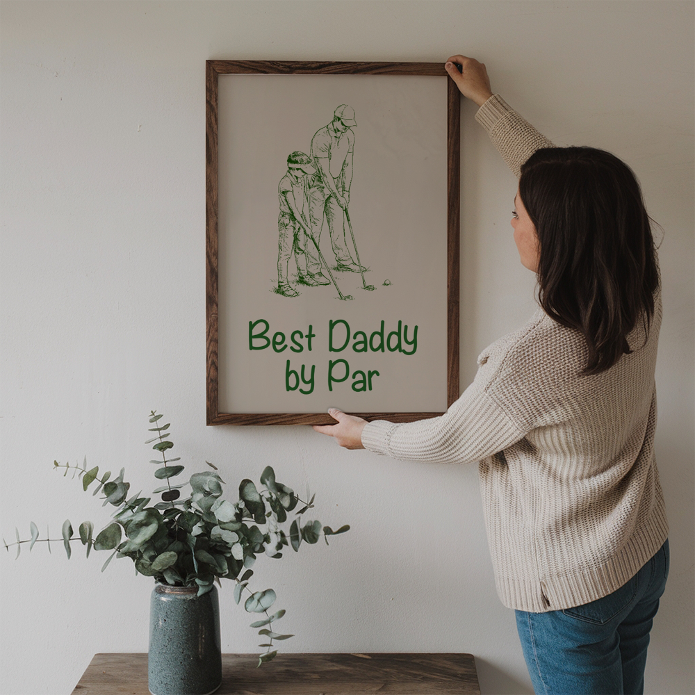 Custom Photo Ink Drawing Best Dad Papa By Par poster, a woman hanging the framed print on a wall