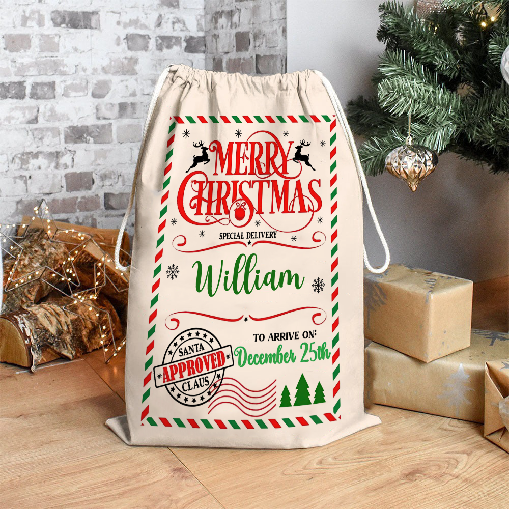 Custom Name Merry Christmas Santa Gift Bag - Personalized Santa Sack - Christmas Gift For Family, Kids, Grandkids