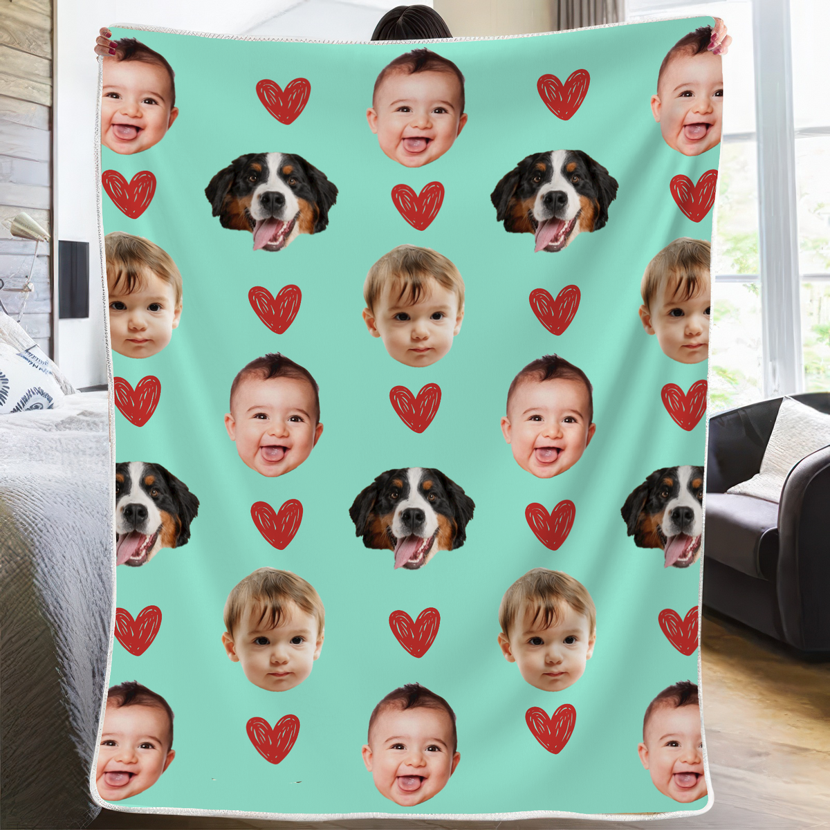 Custom Photo Face Family Blanket - Personalized Custom Blanket - Gift For Family Members, Mom, Dad, Pets Lovers