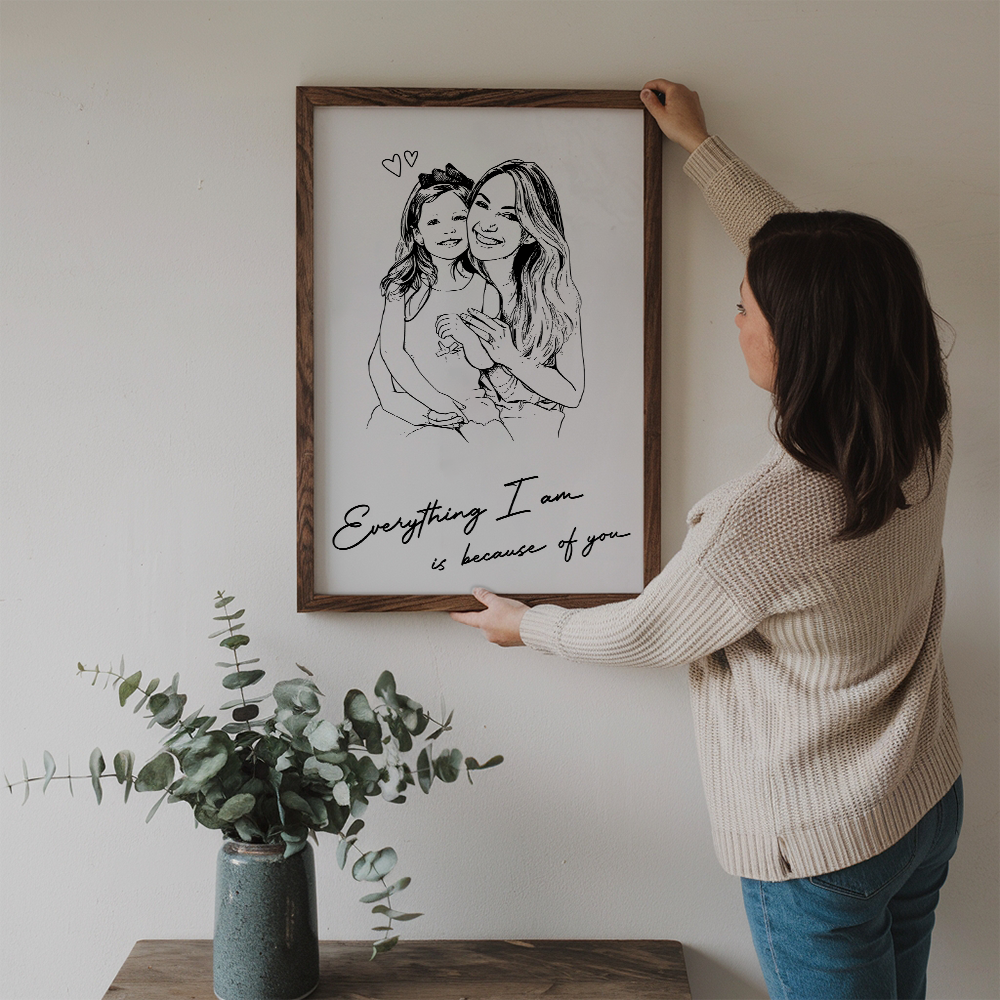 Custom Photo Mom Everything I Am Is Because Of You poster, framed in a bright living room