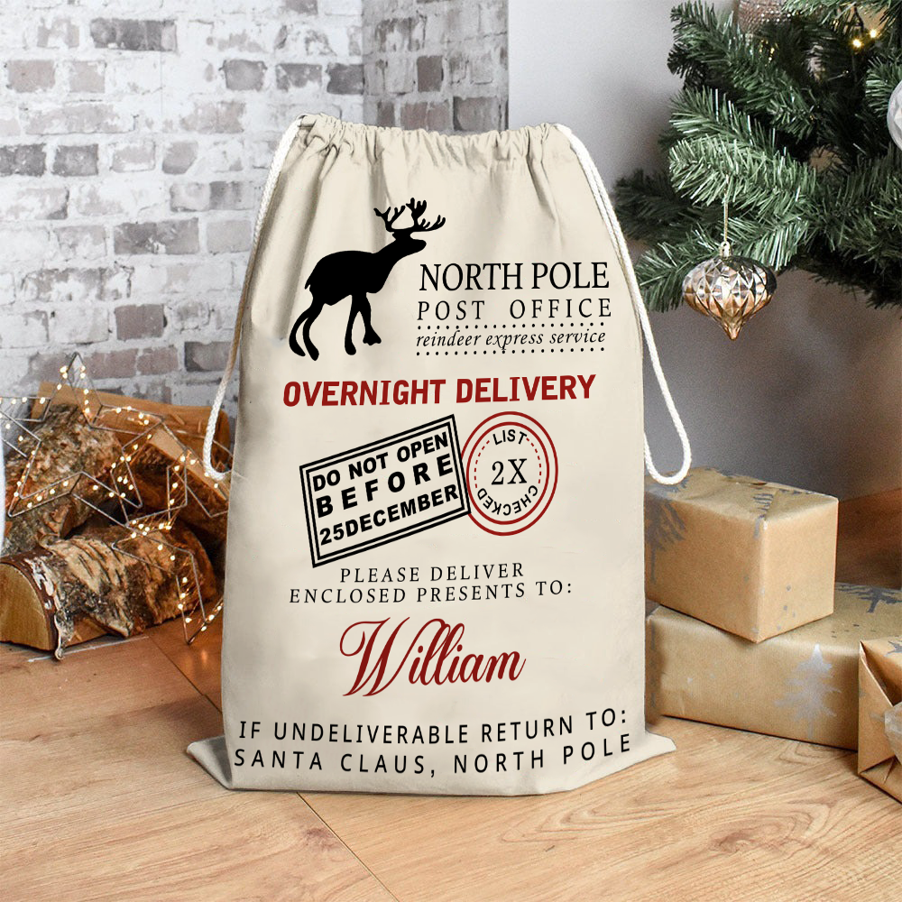 Custom Name North Pole Post Office Santa Gift Bag - Personalized Santa Sack - Christmas Gift For Family, Kids, Grandkids