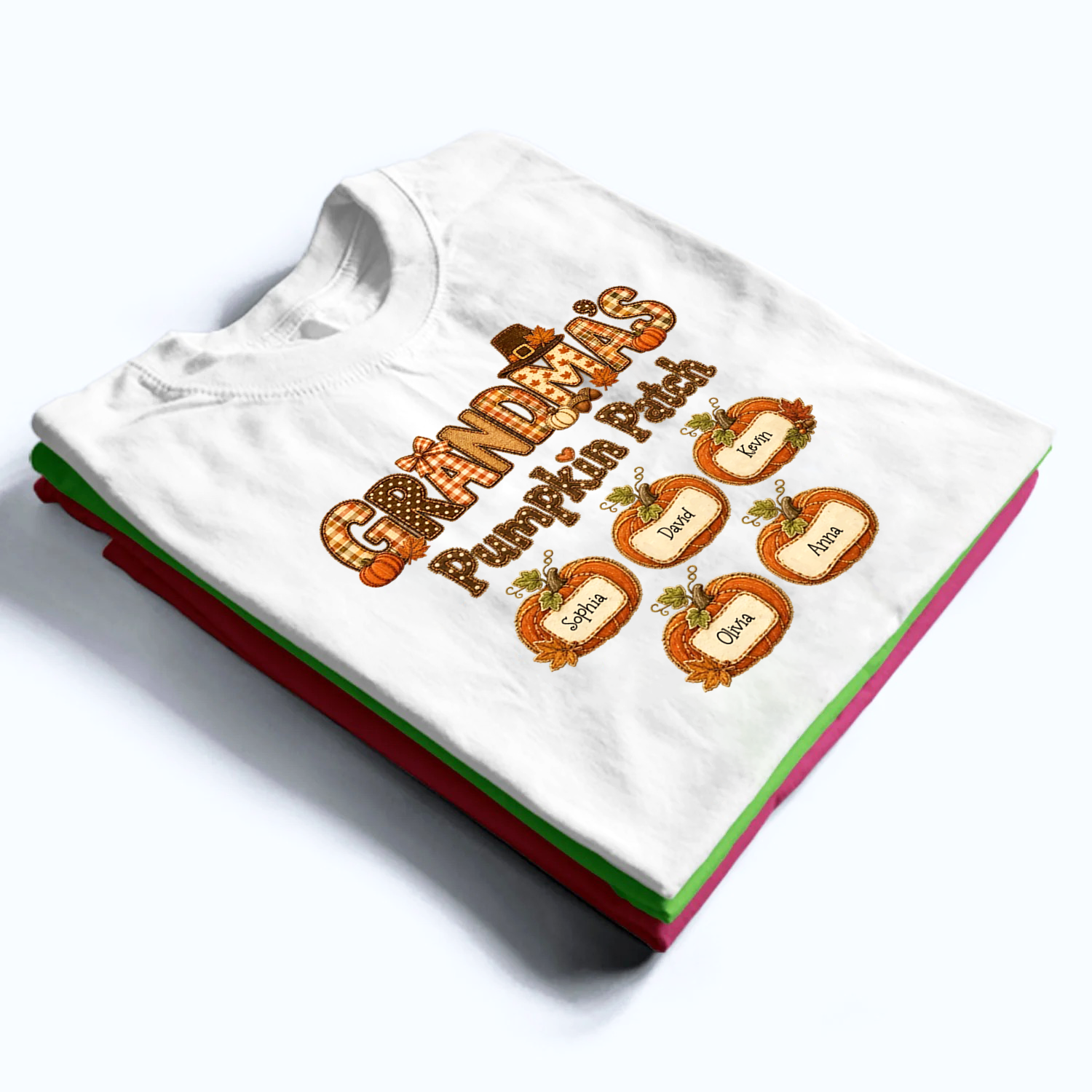 Grandma's Pumpkin Patch Fall Patchwork Pattern - Personalized Custom T Shirt - Fall Season, Halloween Gift for Grandma/Nana/Mimi, Mom, Wife