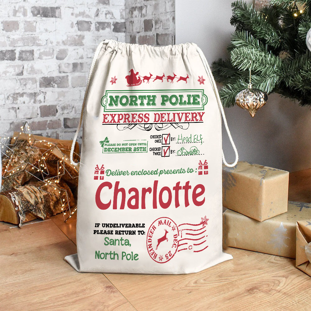 Custom Name North Pole Santa Gift Bag - Personalized Santa Sack - Christmas Gift For Family, Kids, Grandkids