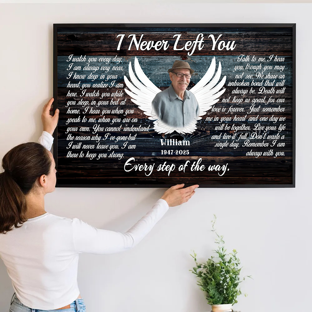 Personalized Loss of Dad, Husband canvas print, a woman hanging the framed print on a wall