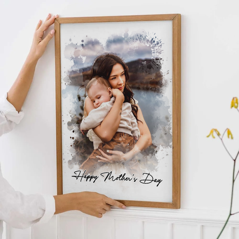 Custom Photo Watercolor Mom Portrait poster, a woman hanging the framed print on a wall
