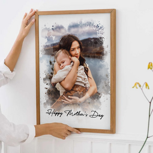Custom Photo Watercolor Mom Portrait - Personalized Poster/Canvas Print - Gift For Mom, Mother's Day