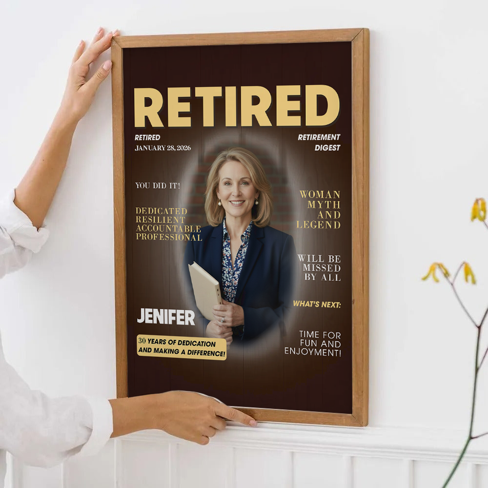 Custom Photo Retired Magazine poster, a woman hanging the framed print on a wall
