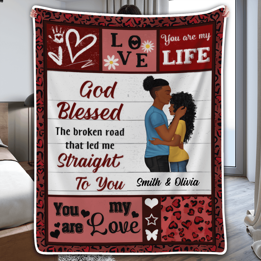 Custom Blanket for Couple fleece blanket, held up in a bright room