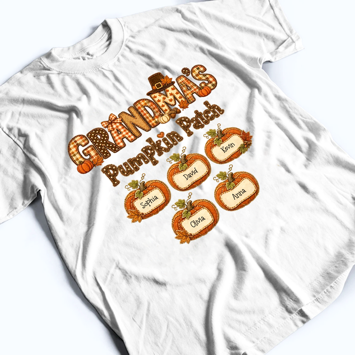Grandma's Pumpkin Patch Fall Patchwork Pattern - Personalized Custom T Shirt - Fall Season, Halloween Gift for Grandma/Nana/Mimi, Mom, Wife
