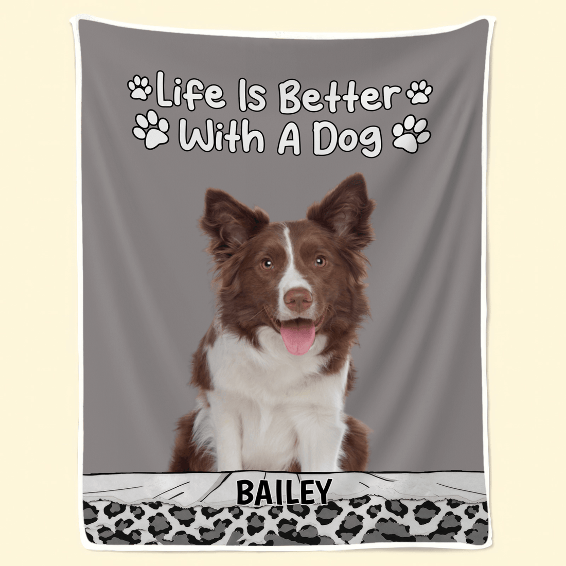 Personalized Custom Photo Life Is Better With Dog Cat fleece blanket, held up in a bright room