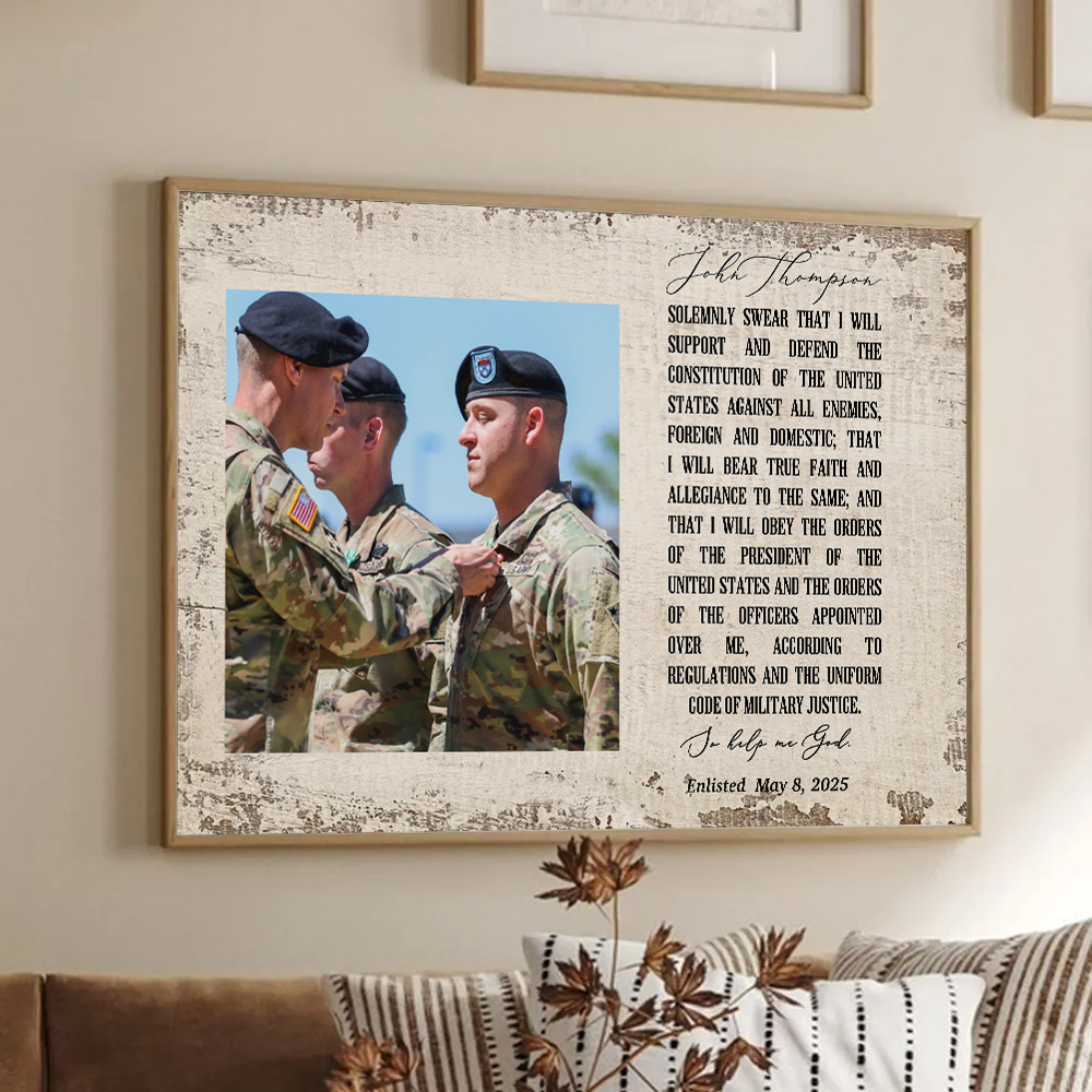 Personalized Oath of Enlistment Oath of Commissioned Officer poster, framed in a bright living room