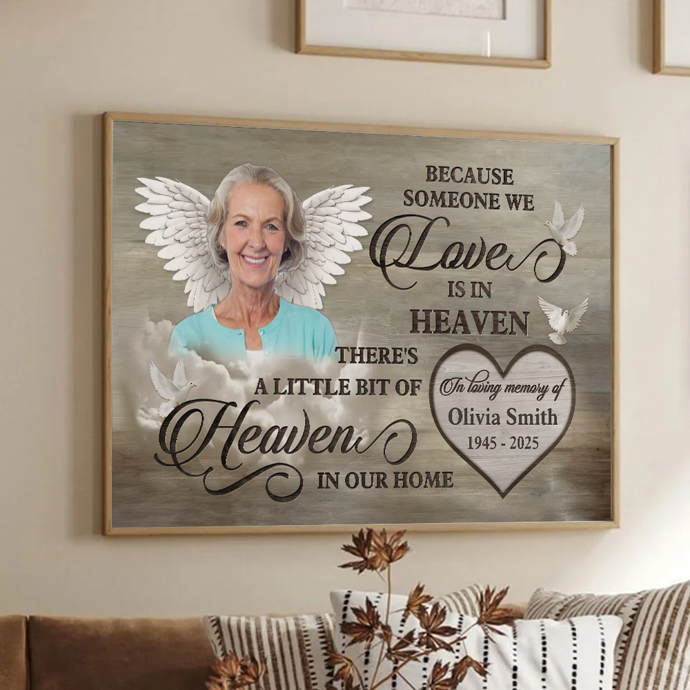 Personalized Custom Photo Love Is In Heaven Loss Of Mom canvas print, framed in a bright living room