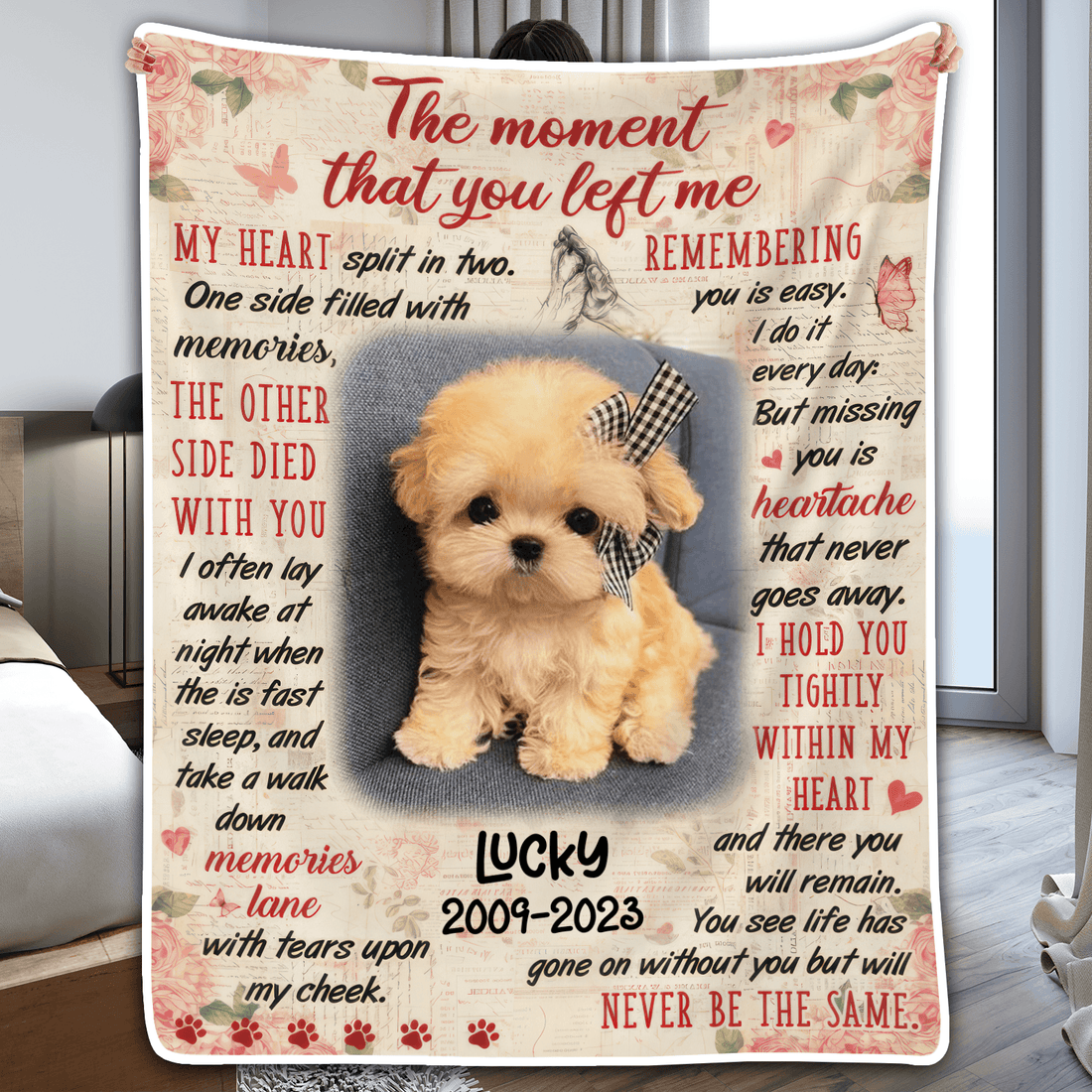 Personalized Custom Photo The Moment That You Left Me fleece blanket, held up in a bright room