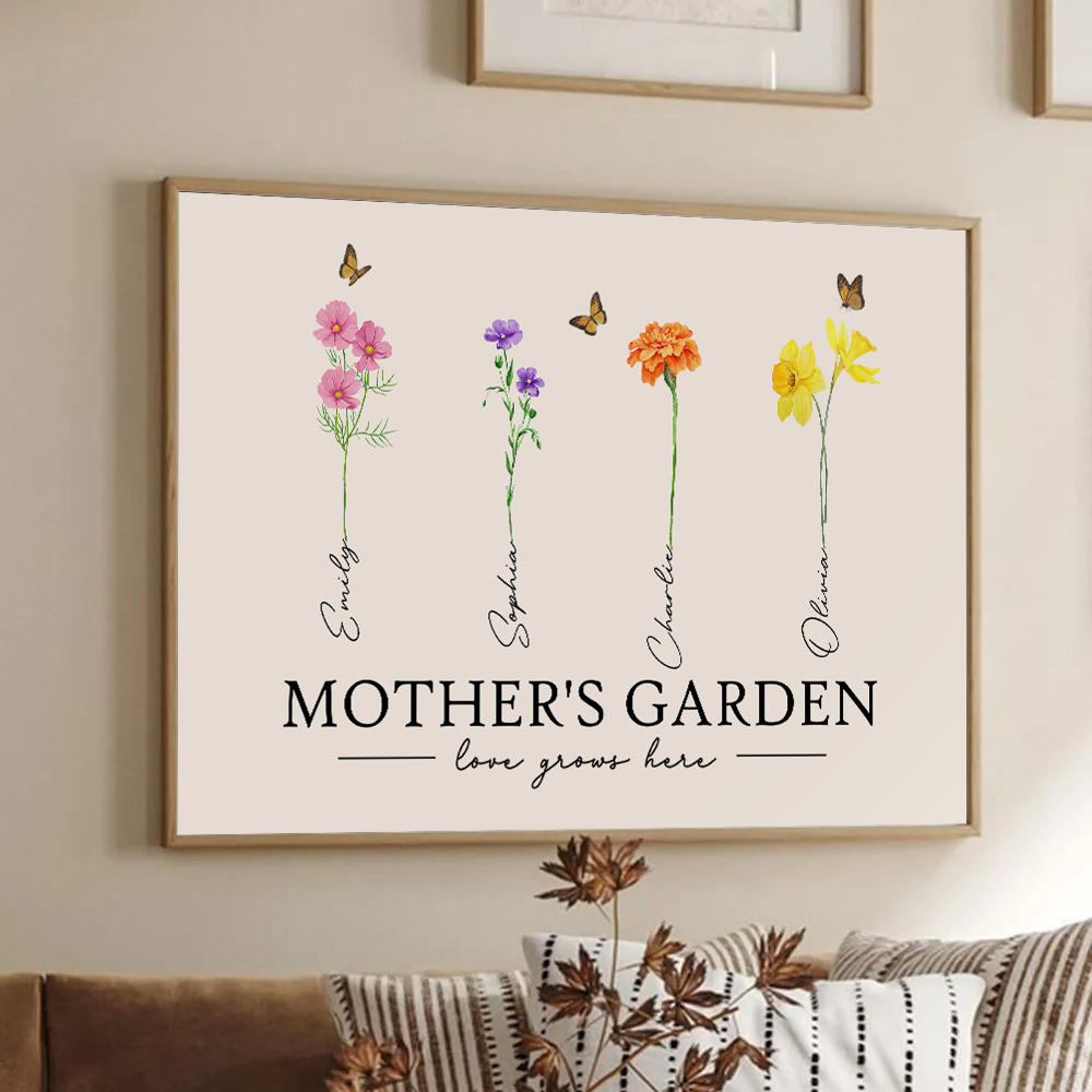 Mother's Garden Love Grows Here Watercolor Birth Month Flower - Personalized Poster/Canvas Prints - Gift For Grandma, Mom